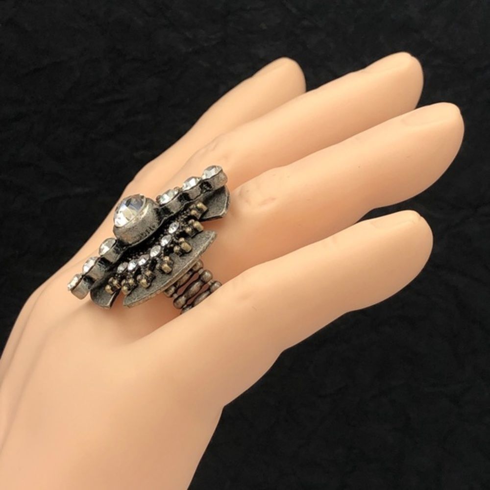 Abstract Rhinestone Silver Tone Statement Cocktail Stretch Ring - Picture 3 of 4